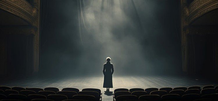 Egocentrismo significato-silhouette di uomo su palco scenico sotto riflettori poltrone in primo piano Egocentrismo significato-silhouette di uomo su palco scenico sotto riflettori poltrone in primo piano